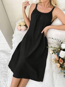 SHEIN Váy ngủ nữ trơn màu cỡ tiêu chuẩn, váy ngủ Moo Moo - màu đen - Xem 3