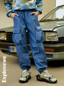 SHEIN Tween Boy Casual Letter Print Banded Leg Cargo Pants - Dusty Blue - View 3