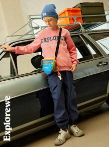 SHEIN Tween Boy Casual Letter Print Crew Neck Long Sleeve Pullover Sweatshirt, Autumn - Multicolor - View 8