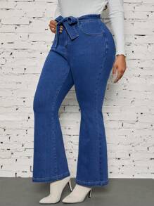 SHEIN LUNE Damen Große Größen Jeans mit Knoten Taille, Taschen und weitem Schnitt, vielseitig einsetzbar