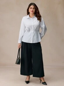 SHEIN Frenchy Plus Size Women's Casual Dropped Shoulder Long Sleeve Striped 3D Floral Blouse, Autumn - Black and White - View 2