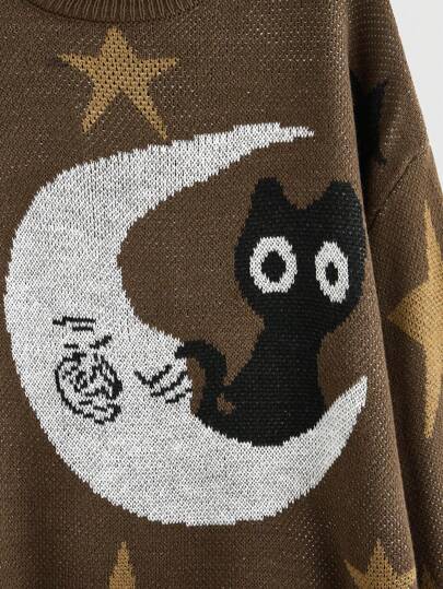 Hippie Pull col rond tombant à manches longues pour femmes, style décontracté, motif lune et étoiles pour l'automne/l'hiver