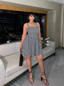 Flirla Plus size zomerse casual jurk met pied-de-poule-print en geplooide bandjes
