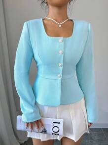 Elenzga Áo khoác nữ cổ vuông màu xanh nhạt, tay dài, cài nút đơn thanh lịch, mùa thu - Màu xanh nhạt - Xem 6