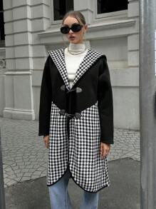 SHEIN Cottnline Casual Houndstooth Patchwork Horn Button Hooded Overcoat, Autumn/Winter - Black and White - View 9