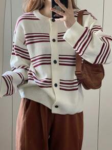 DAZY 1 Áo khoác cardigan cổ tròn tay dài kẻ sọc rộng cho nữ, Quần áo mùa thu cho nữ - trắng - Xem 5