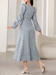 Modelyn Women Elegant Floral Jacquard Puff Sleeve Dress, Autumn Long Evening Dresses