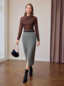 MOTF PREMIUM CHEVRON PRINT SLANT POCKET SPLIT HEM BELTED SKIRT