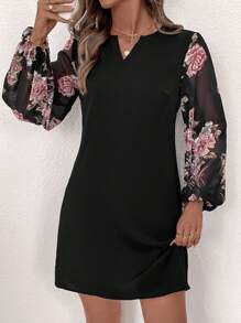 SHEIN Clasi 女士优雅 C 领花卉印花拼布长袖短款宽松连衣裙 - 彩色 - 查看 5