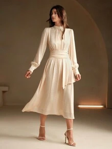 Anewsta Elegante vestido de mujer con mangas largas y cintura recogida en jacquard, atuendo de mujer largo para otoño