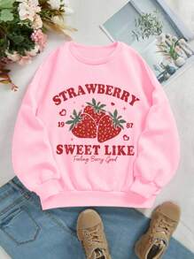 青少年女孩圆领长袖休闲草莓印花运动衫 - 粉色 - 查看 6