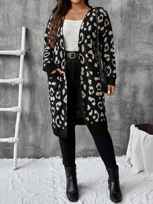 SHEIN LUNE Plus Size Casual Long Leopard Print Cardigan Sweater Without Buttons,Parties, Music Festivals, Home Wear, Back-To-School Events, Gifting, And Shopping.Fall Sweaters,Winter Clothes,Winter Women Dress - Multicolor - View 3