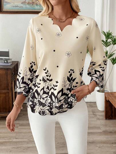 EMERY ROSE Blusa de mujer holgada con estampado floral y mangas acampanadas, camisa de oficina, Top de manga tres cuartos