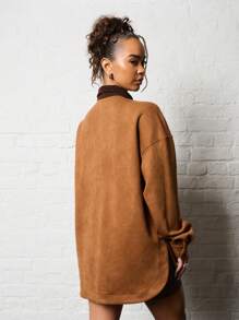 SUMWON WOMEN Suede Workwear Utility Jacket With Contrast Collar Retro Style Fall Winter Casual Outerwear Patch Pockets Chunky Buttons Oversized