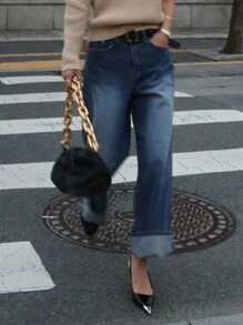 DAZY 女士休闲直筒口袋牛仔裤，日常穿着 - 深色水洗藍 - 查看 10