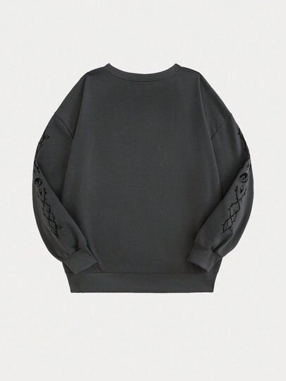 Goth Suéter De Cuello Redondo Para Mujeres De Talla Grande Con Estampado De Luna, Estrellas, Calaveras, Velas Y Serpientes En Color Oscuro