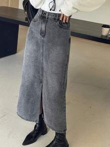 DAZY Women Casual Washed Denim Slit A-Line Skirt, Autumn/Winter Jeans Skirt