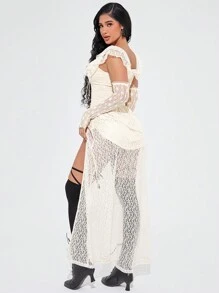 SHEIN SXY 万圣节角色扮演/派对/生日服装，复古宫廷风格公主裙套装，2件套：露肩短款上衣和褶皱喇叭裙 - 杏色 - 查看 3