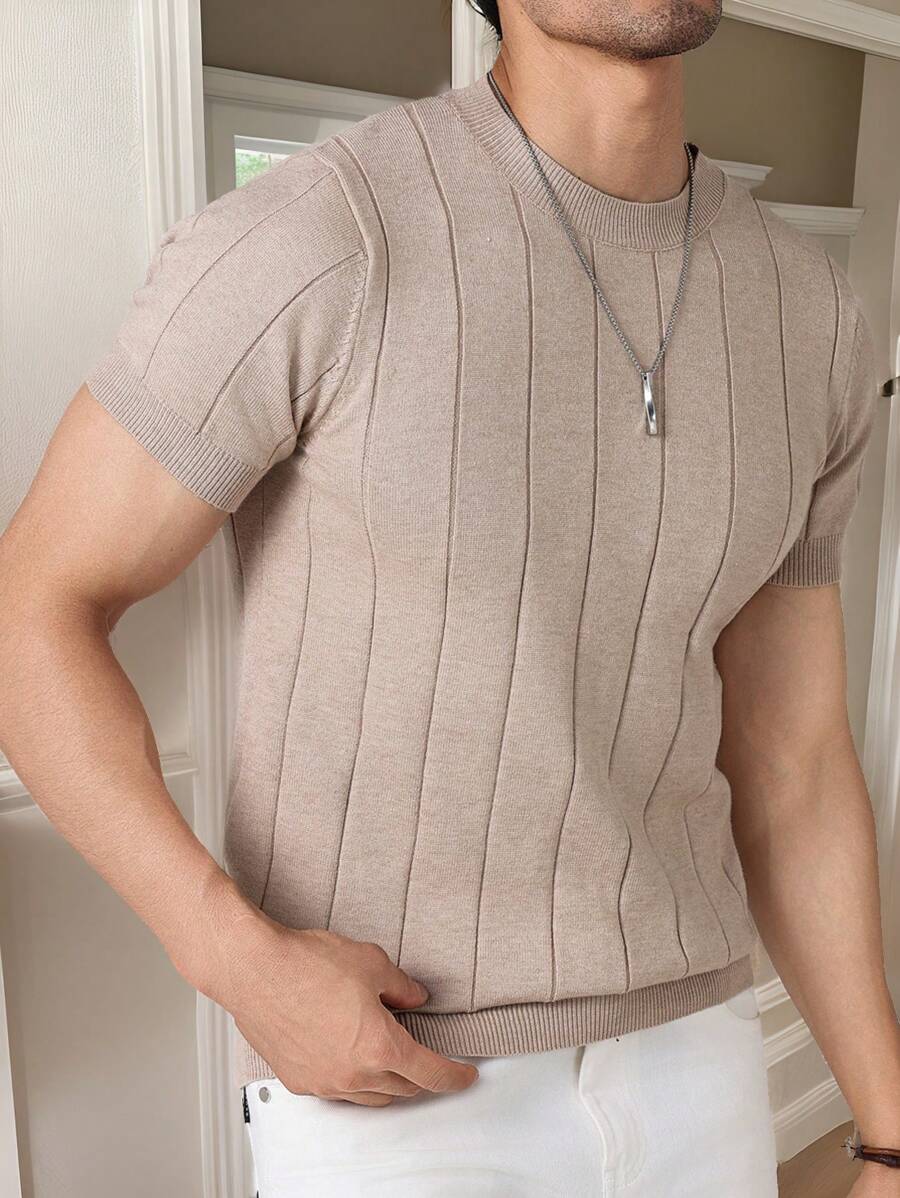 Manfinity Homme Plus Size Men's Solid Color Round Neck Casual Versatile Short Sleeve Knit Top Men Sweater Top Men Ribbed Sweater Textured Shirt Men Men Crewneck Knit Men Knit Tops - Apricot - View 1