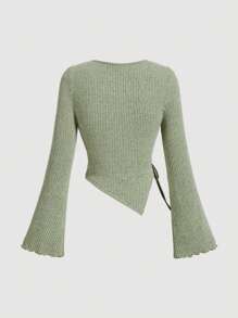 SHEIN MOD 女士绿色方领喇叭袖褶饰 T 恤、秋冬喇叭袖上衣、嬉皮士服装、啦啦队服装、猫女服装、外出、绿色长袖上衣