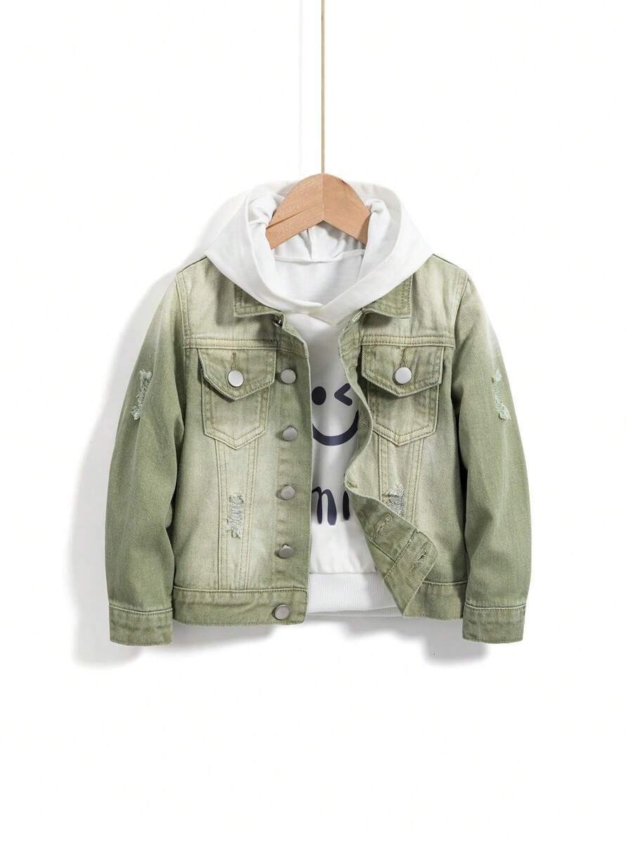 Young Boy Medium Washed Distressed Blue Camouflage Panel Denim Jacket - Army Green - View 1