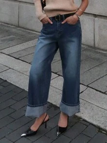 DAZY 女士休闲直筒口袋牛仔裤，日常穿着 - 深色水洗藍 - 查看 1