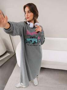 Mulvari Váy dài tay giản dị in khẩu hiệu cho nữ, có dây rút, viền váy, thích hợp cho mùa thu/đông - Xám - Xem 2