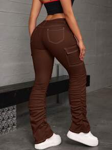 SHEIN ICON 女士前开扣简约牛仔裤，休闲日常穿着 - 棕色 - 查看 4