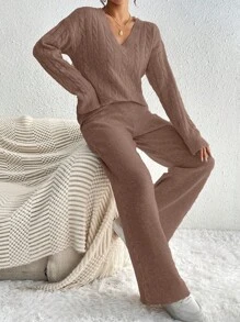 RosyDaze Set de 2 piezas con suéter de manga larga de cuello en V de hombros caídos sólido y pantalones de punto casual para mujer, para otoño/invierno