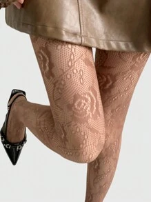ROMWE Fairycore 1pair Gothic Rose Lace Jacquard Hollow Out Fishnet Socks, For Women, All Season