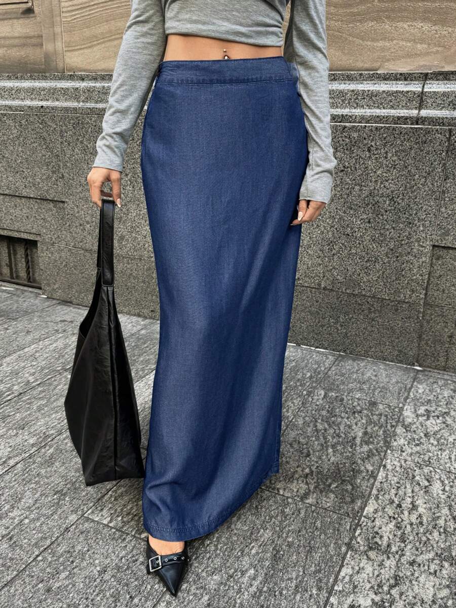 Forever 21 女式休闲牛仔半身裙，带拉链侧开衩 - 藍色 - 查看 1