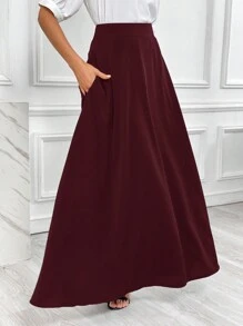 SHEIN Essnce 女士纯色高腰简约 A 字裙，休闲日常穿着 - 酒紅色 - 查看 3