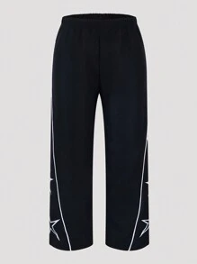 SHEIN 青少女星型印花編織運動休閒長褲 - 黑色 - 查看 2