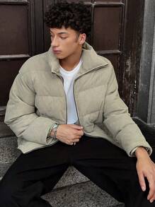 Manfinity VCAY Men's Woven Fashionable Casual Ribbed Loose Open Front Long Sleeve Zipper Padded Coat, For Fall Winter - Green - View 4