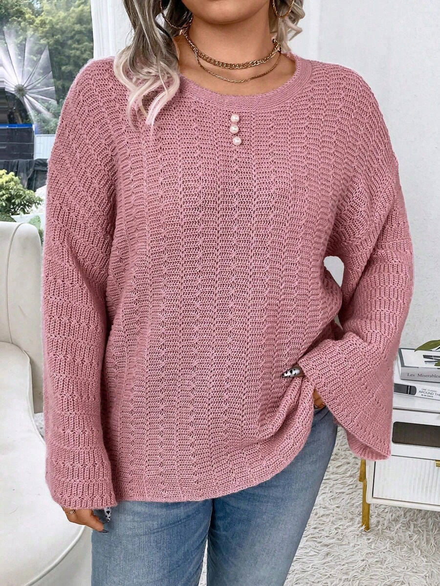 Calvaya Pull ample pour femmes à col rond, épaules tombantes, décontracté. Pull tricoté pour le printemps, l'automne et l'hiver - Rose bonbon - Voir 1