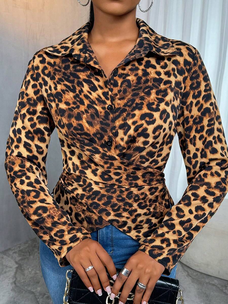 Zolique Women's Sexy Criss-Cross Leopard Print Long Sleeve Blouse Fall Cloth For Women