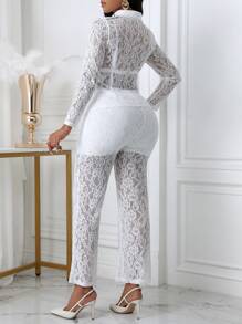 Chiquease Women's Spring/Summer Lace Shirt And Lace Pants Two-Piece Set - White - View 2