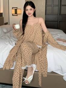 DAZY 3pcs Set Ditsy Floral Camisole Robe & Pajama Pants Sleepwear - Khaki - View 5