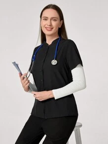 TaskEZ Blusa de mujer con cuello alto y abotonadura sencilla, de manga corta, uniforme de oficina