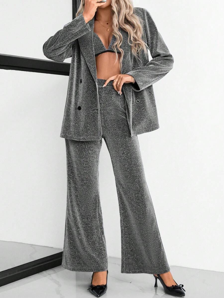 SHEIN Clasi 女士优雅三件套服装：亮片翻领西装外套、无袖上衣和裤子，秋季 - 銀色 - 查看 1