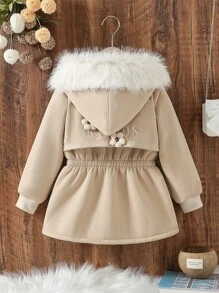 Girls Khaki Embroidered 3D Flower Fuzzy Collar Warm Jacket, For Toddlers & Young Girl