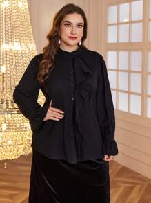 Mulvari 女式大码蕾丝拼布荷叶边下摆长袖休闲衬衫，春秋季 - 黑色 - 查看 1