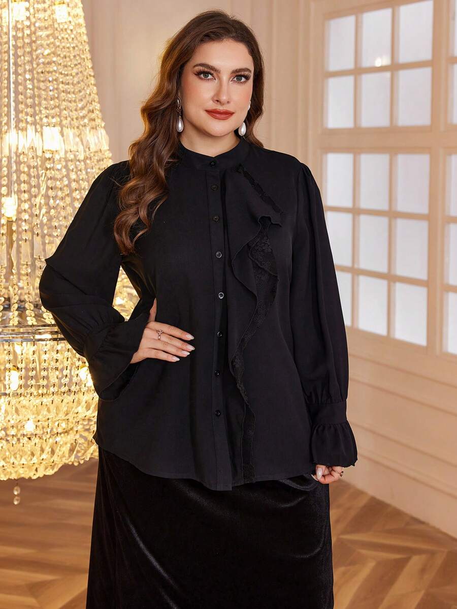 Mulvari 女式大码蕾丝拼布荷叶边下摆长袖休闲衬衫，春秋季 - 黑色 - 查看 1