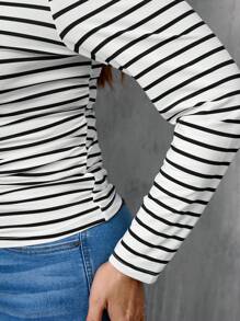 SHEIN PETITE CURVE Áo thun tay dài cổ tròn kẻ sọc cỡ lớn, mặc hàng ngày, mùa thu - Đen và trắng - Xem 3