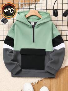 SHEIN 儿童/青少年男孩休闲拼色拼接连帽半拉链长袖针织连帽衫，黑色和白色，适合学校、花园、海滩、生日、秋季、春季、夏季、冬季 - 綠色 - 查看 1