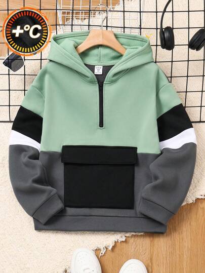 SHEIN 儿童/青少年男孩休闲拼色拼接连帽半拉链长袖针织连帽衫，黑色和白色，适合学校、花园、海滩、生日、秋季、春季、夏季、冬季