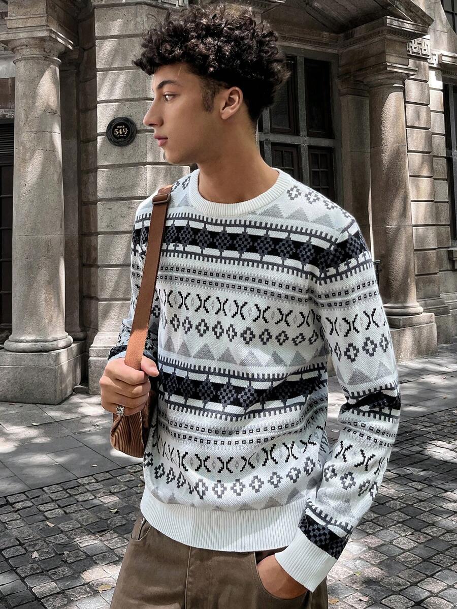 Manfinity VCAY 秋冬款年轻男士针织印花修身休闲长袖毛衣 - 黑與白 - 查看 1