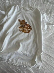 INAWLY 女士标语和鹿印花圆领短袖休闲 T 恤图案 T 恤女式上衣 - 白色 - 查看 4