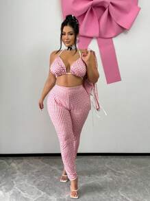 SHEIN SXY Conjunto de 3 piezas para mujer de talla grande que incluye top ajustado a cuadros rojos y blancos, y mallas, adecuado para Nochebuena, otoño e invierno, citas, cumpleaños, despedida de soltera, look lindo y casual para ir de compras, salir, fácil de combinar y estiliza la figura