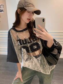 DAZY Women Lace & Satin Panel Colorblock Short Sleeve Loose T-Shirt Going Out Tops Sheer - Multicolor - View 3